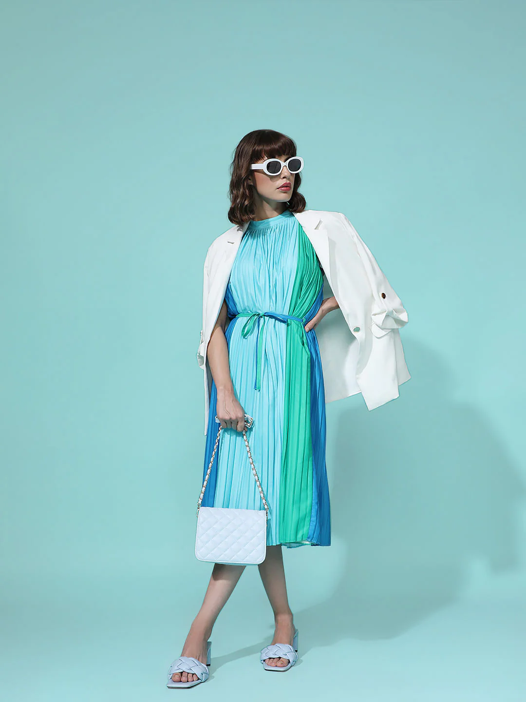 Blue Pleated Colourblocked Midi Dress