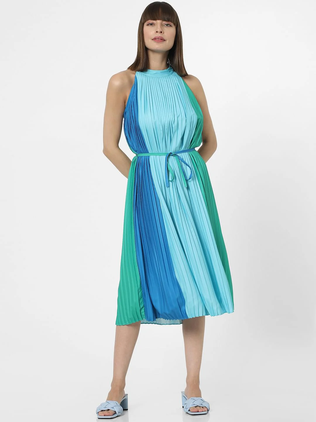 Blue Pleated Colourblocked Midi Dress - Image 2