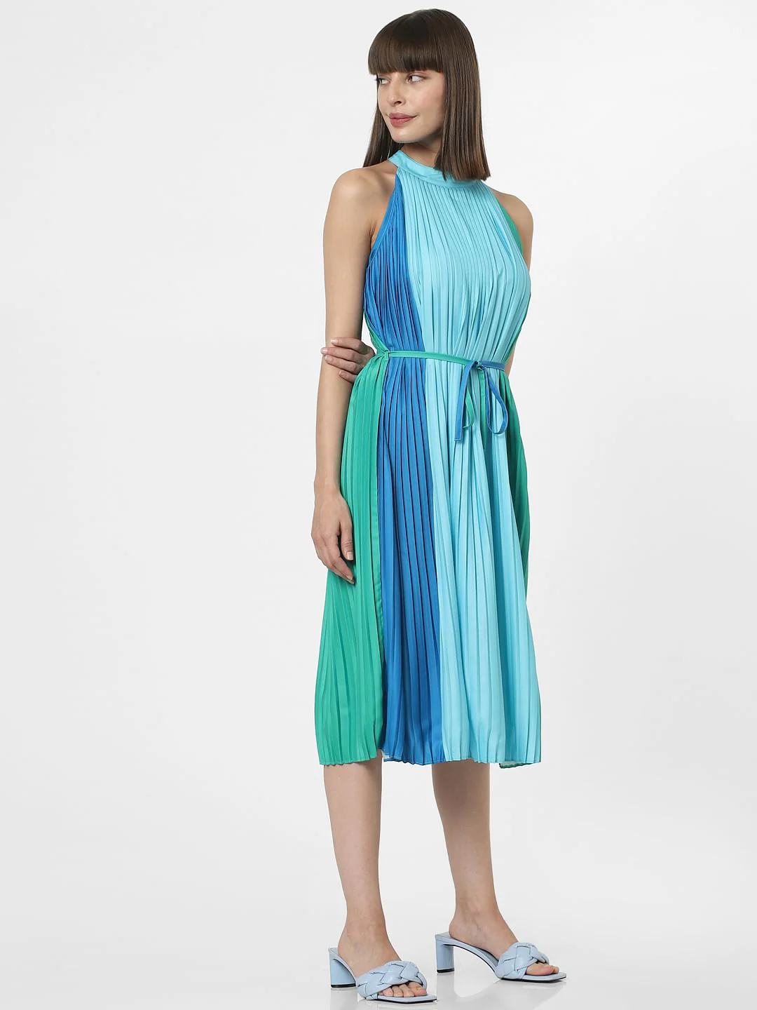 Blue Pleated Colourblocked Midi Dress - Image 3