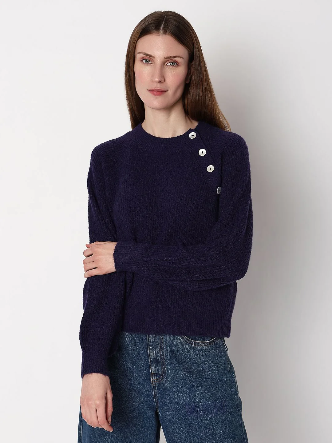 Navy Blue Button Detail Pullover - Image 2