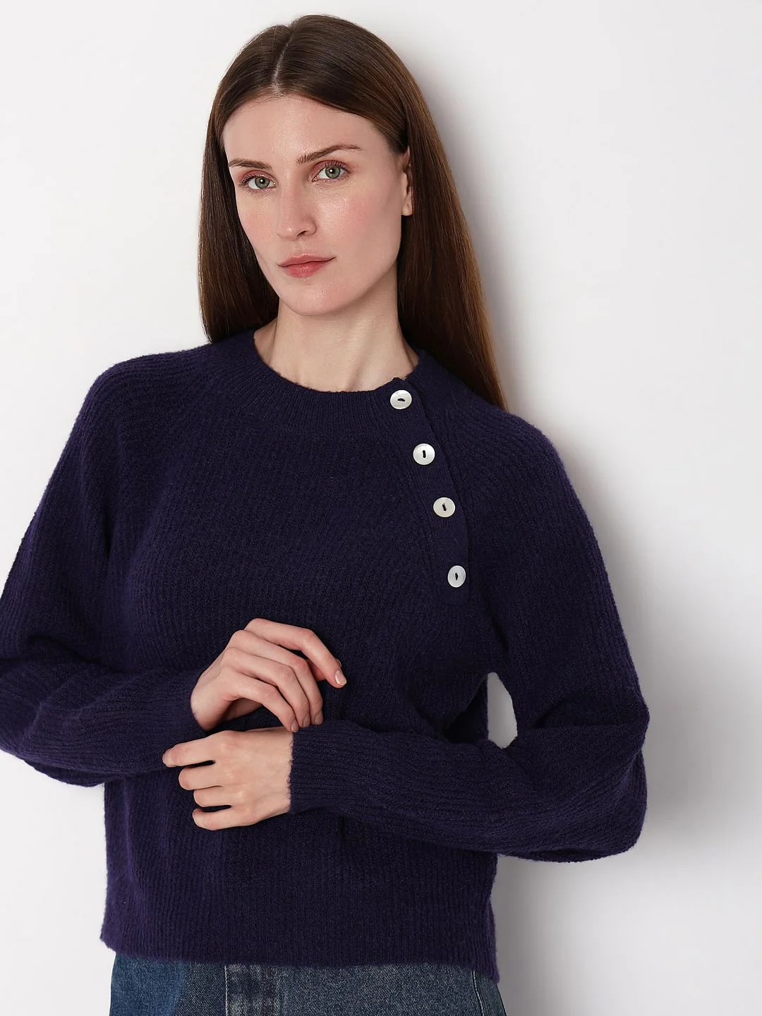 Navy Blue Button Detail Pullover - Image 6