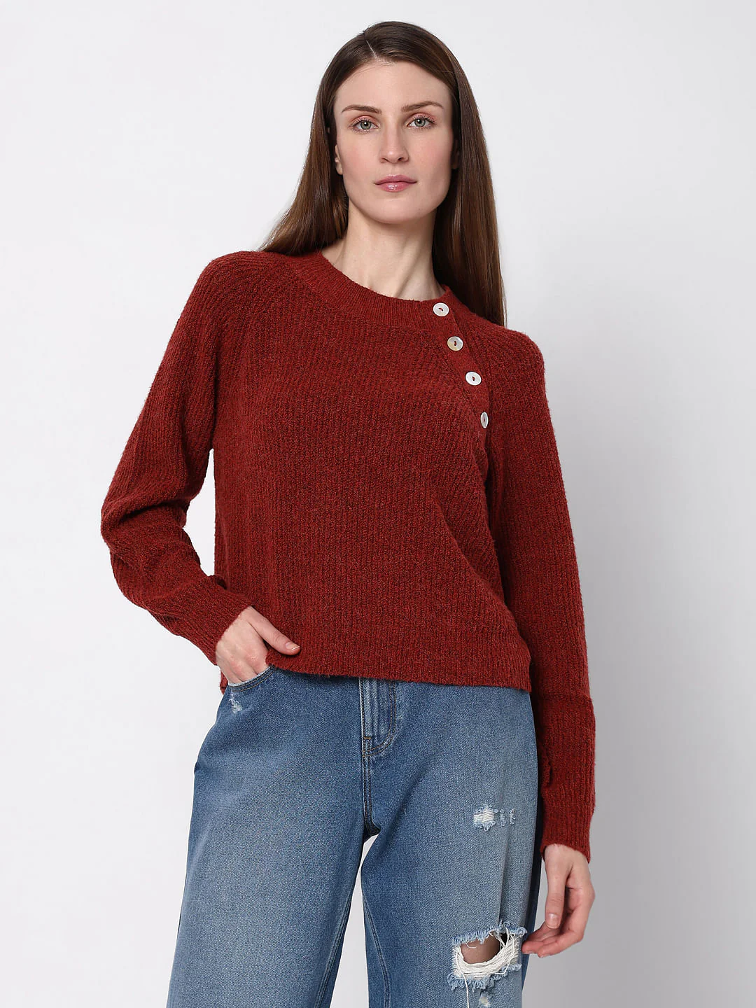 Maroon O-Neck Button Detail Pullover - Image 2