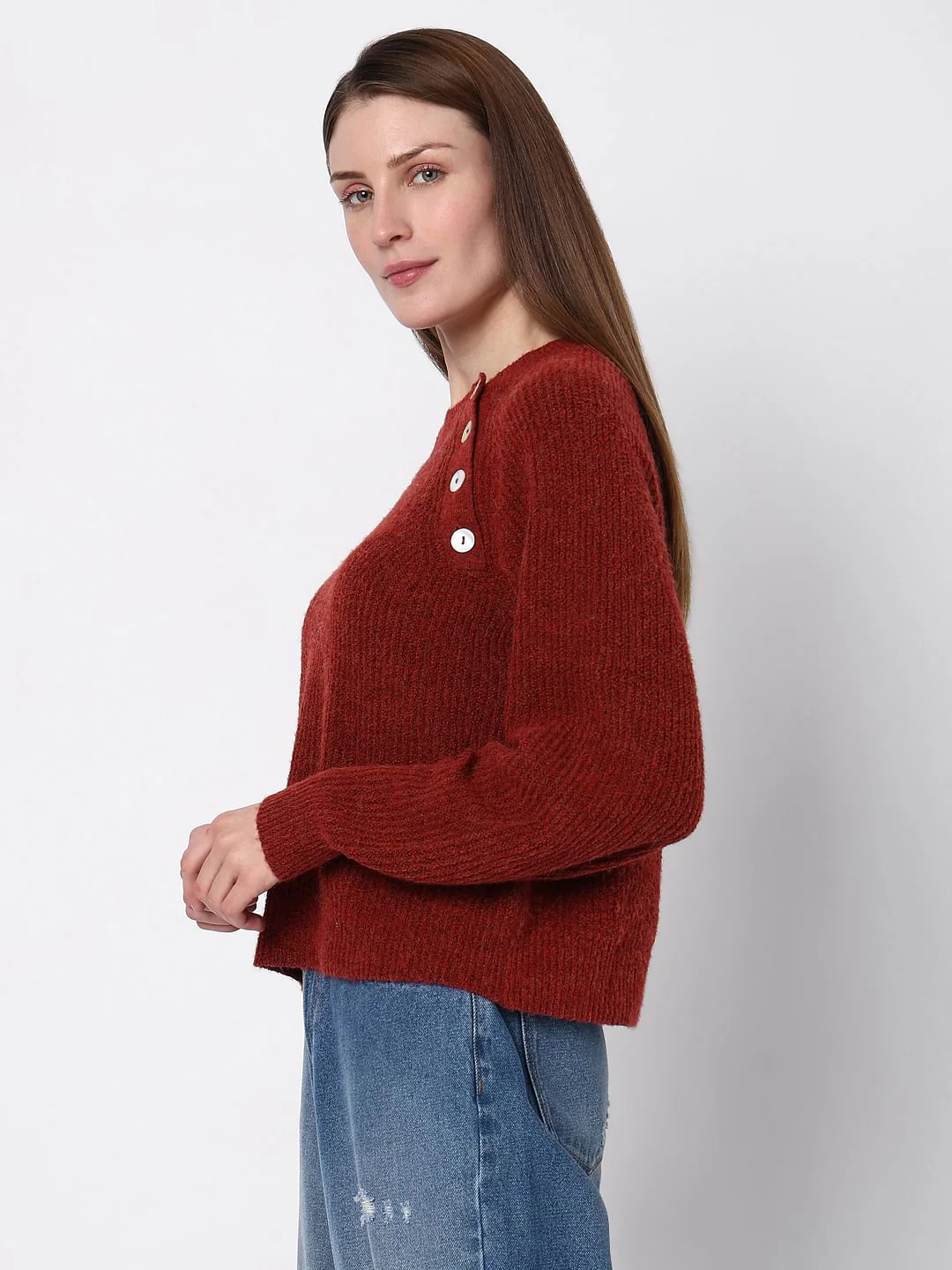 Maroon O-Neck Button Detail Pullover - Image 3