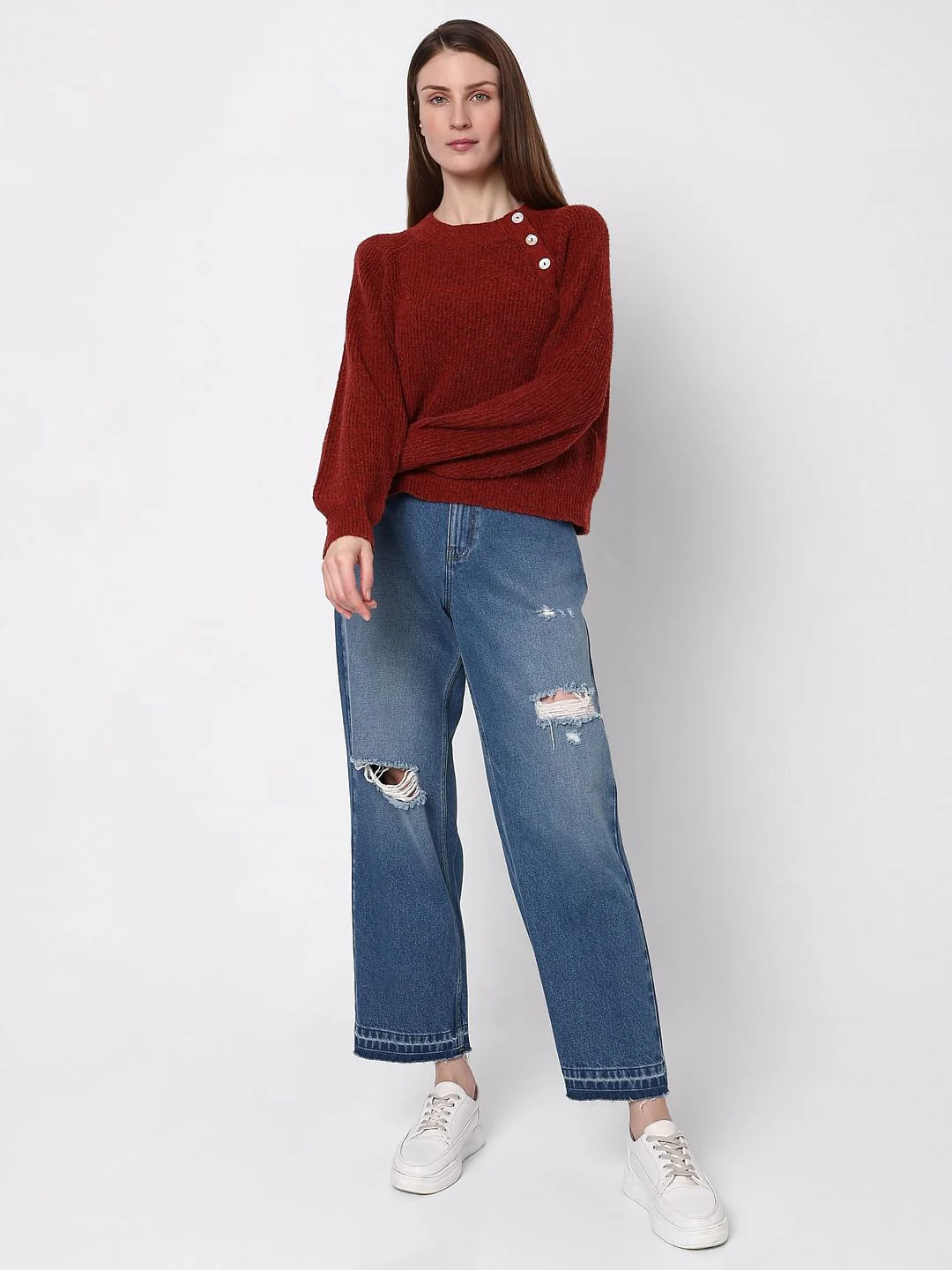 Maroon O-Neck Button Detail Pullover - Image 5