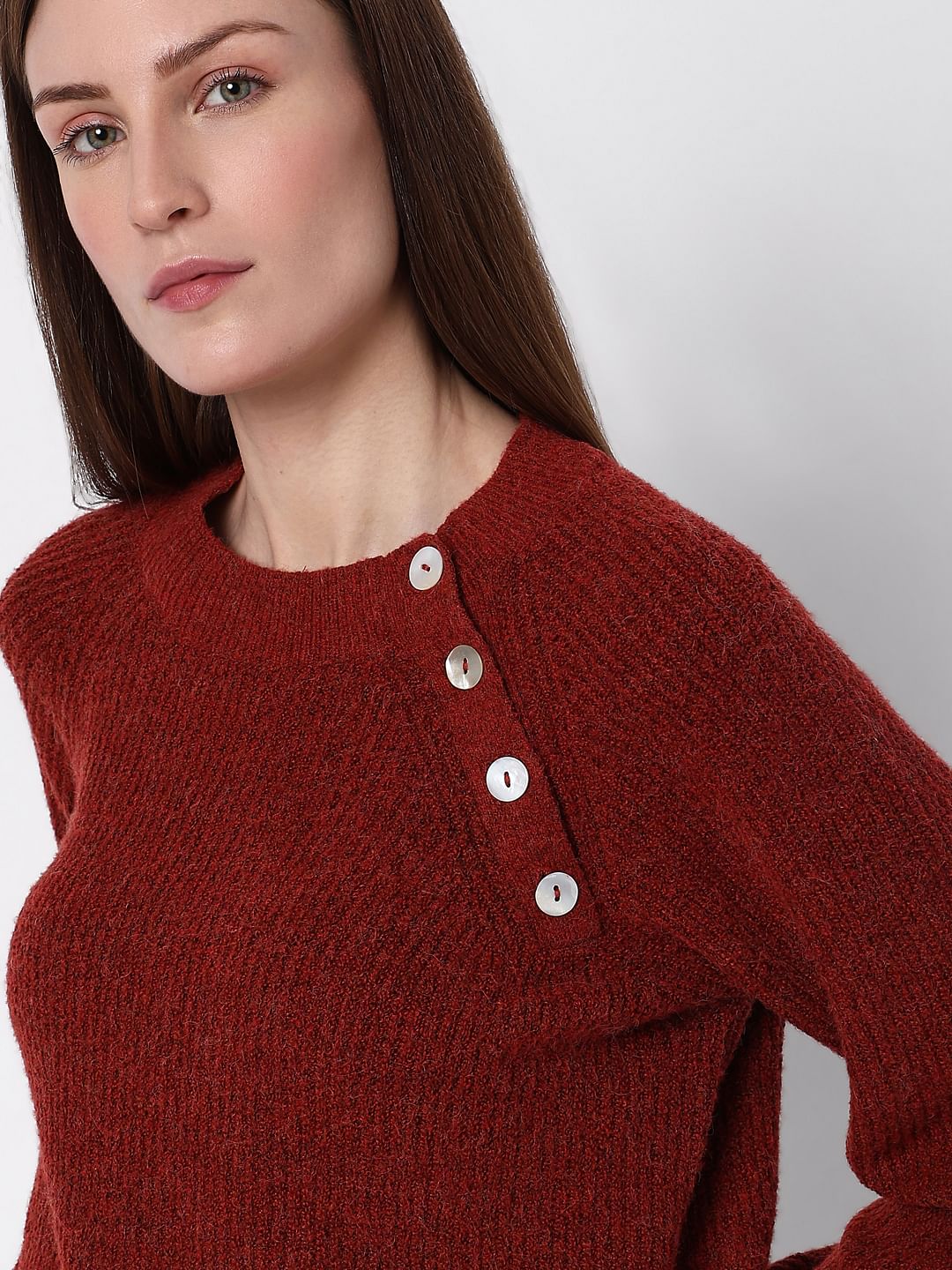 Maroon O-Neck Button Detail Pullover - Image 6