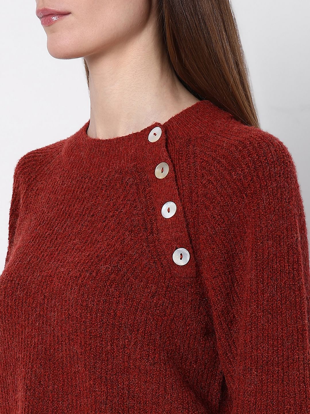 Maroon O-Neck Button Detail Pullover - Image 8