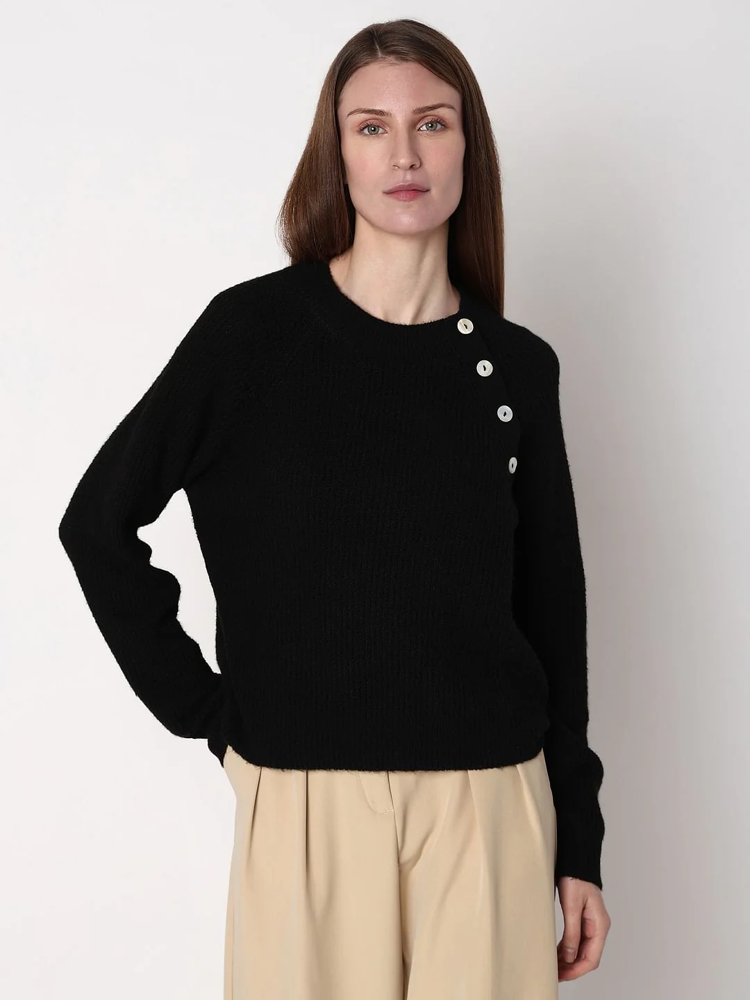 Black Metal Button Detail Pullover - Image 2