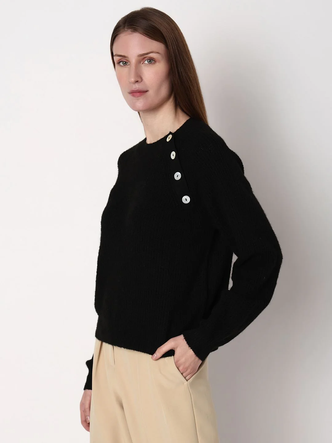 Black Metal Button Detail Pullover - Image 3