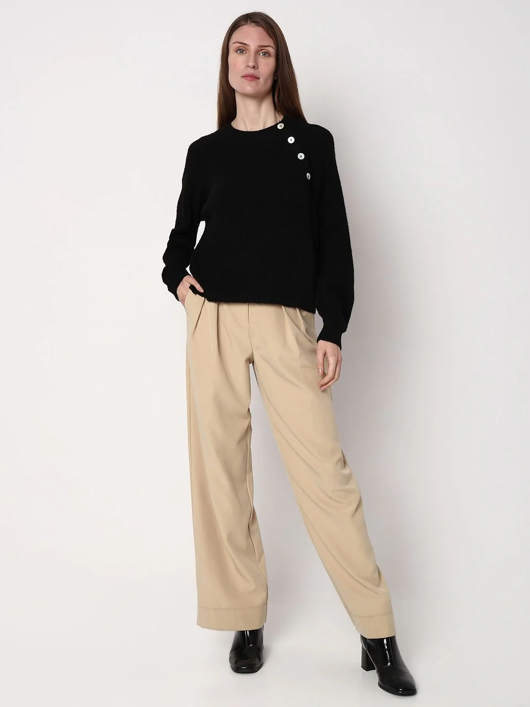 Black Metal Button Detail Pullover - Image 5