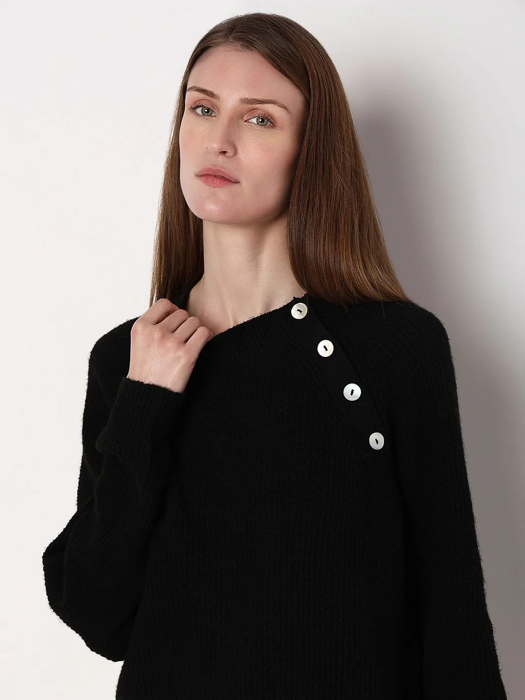Black Metal Button Detail Pullover - Image 6