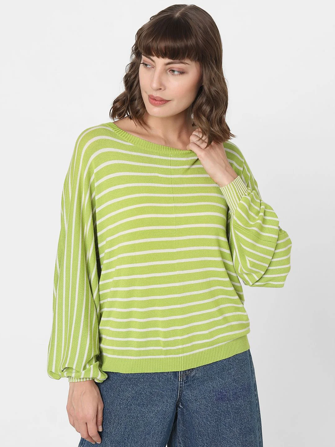 Green Striped Balloon Sleeves Pullover - Image 2