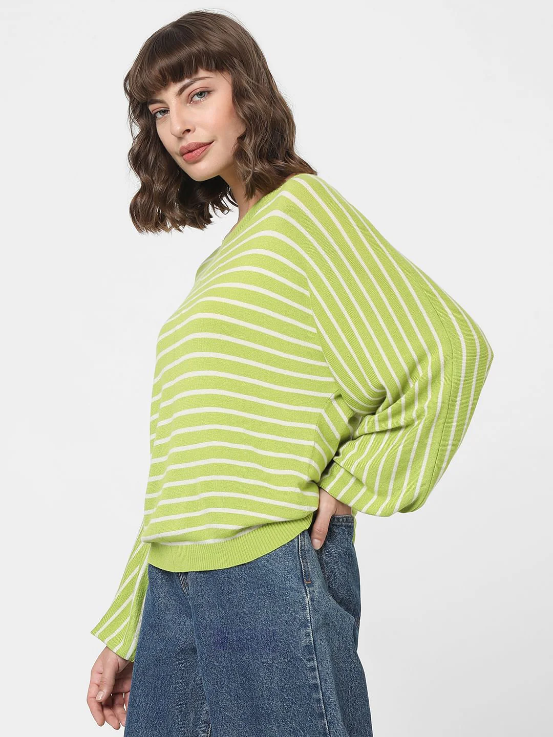 Green Striped Balloon Sleeves Pullover - Image 3