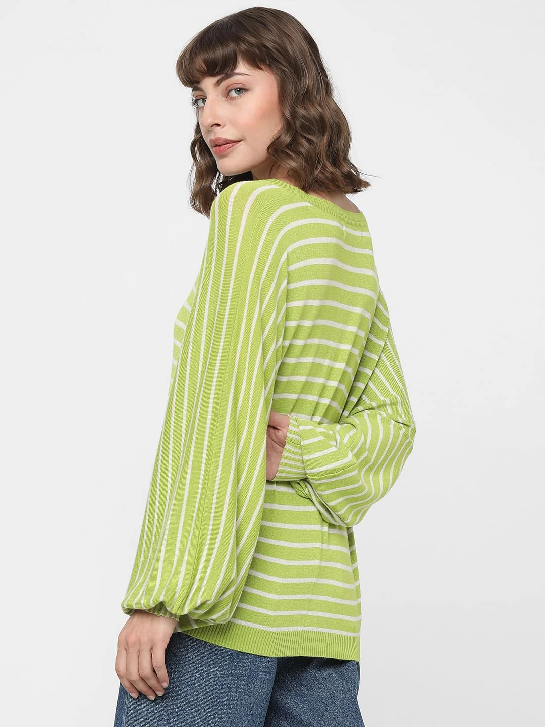 Green Striped Balloon Sleeves Pullover - Image 4
