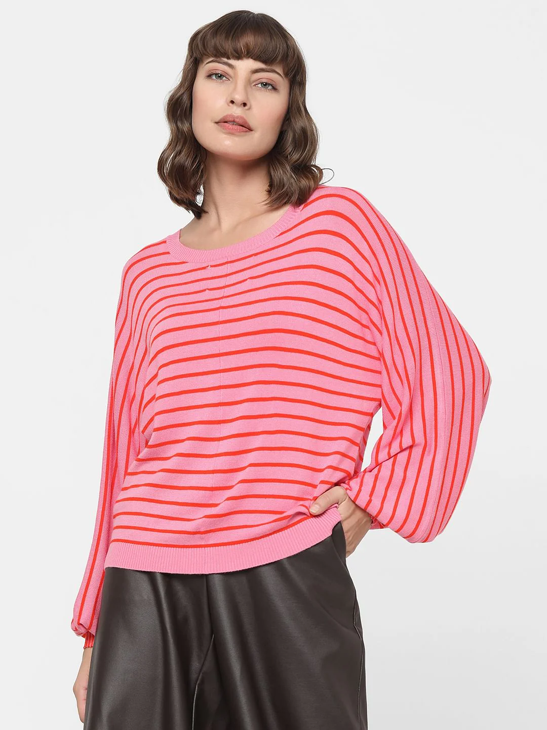 Pink Striped Balloon Sleeves Pullover - Image 2