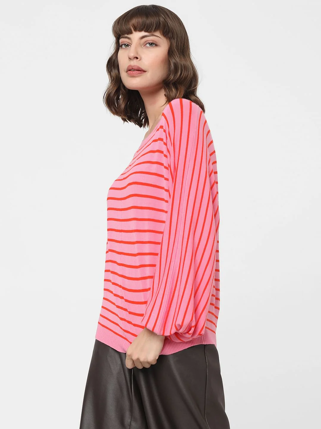 Pink Striped Balloon Sleeves Pullover - Image 3