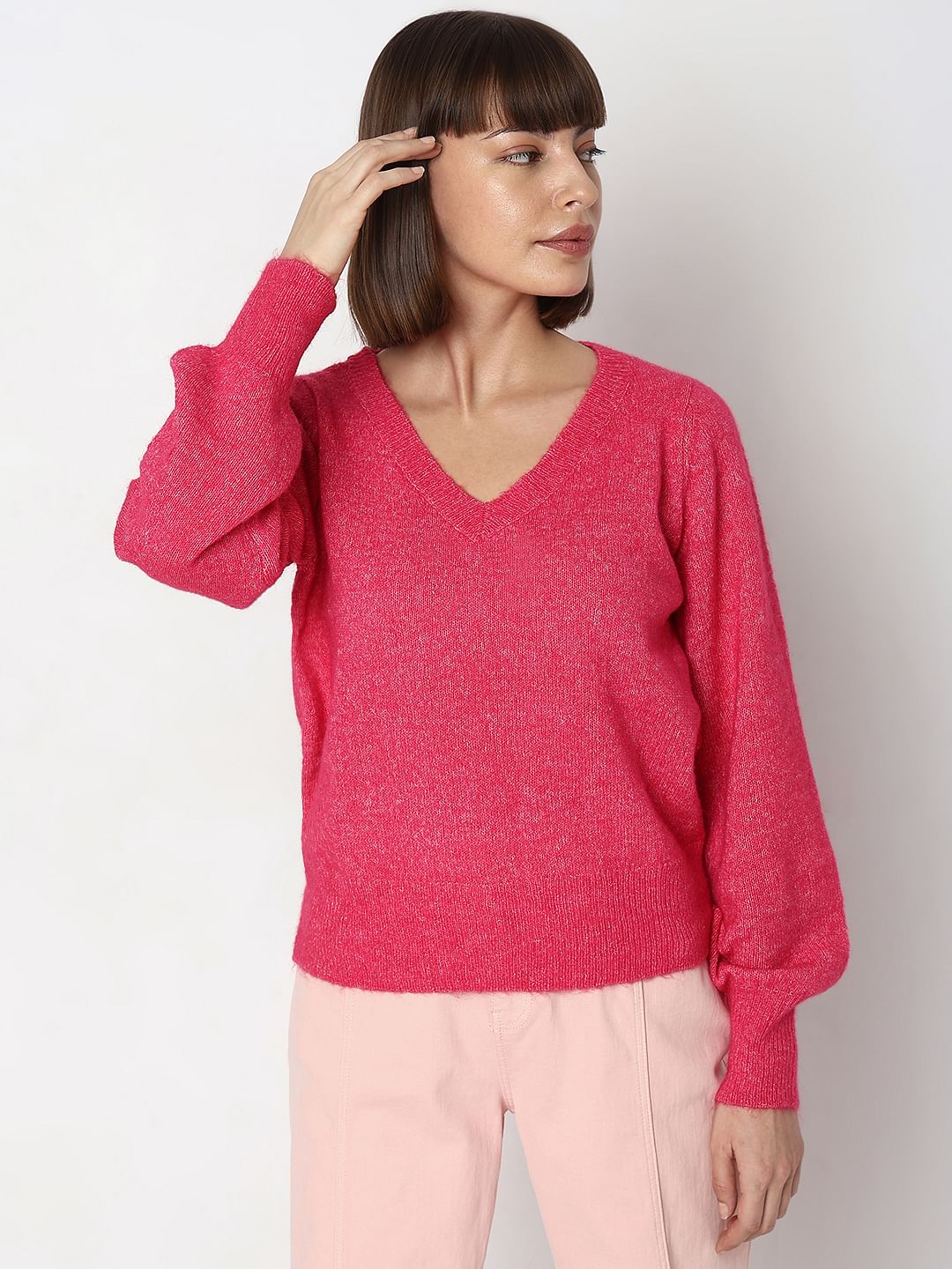 Fuchsia V-Neck Pullover - Image 2