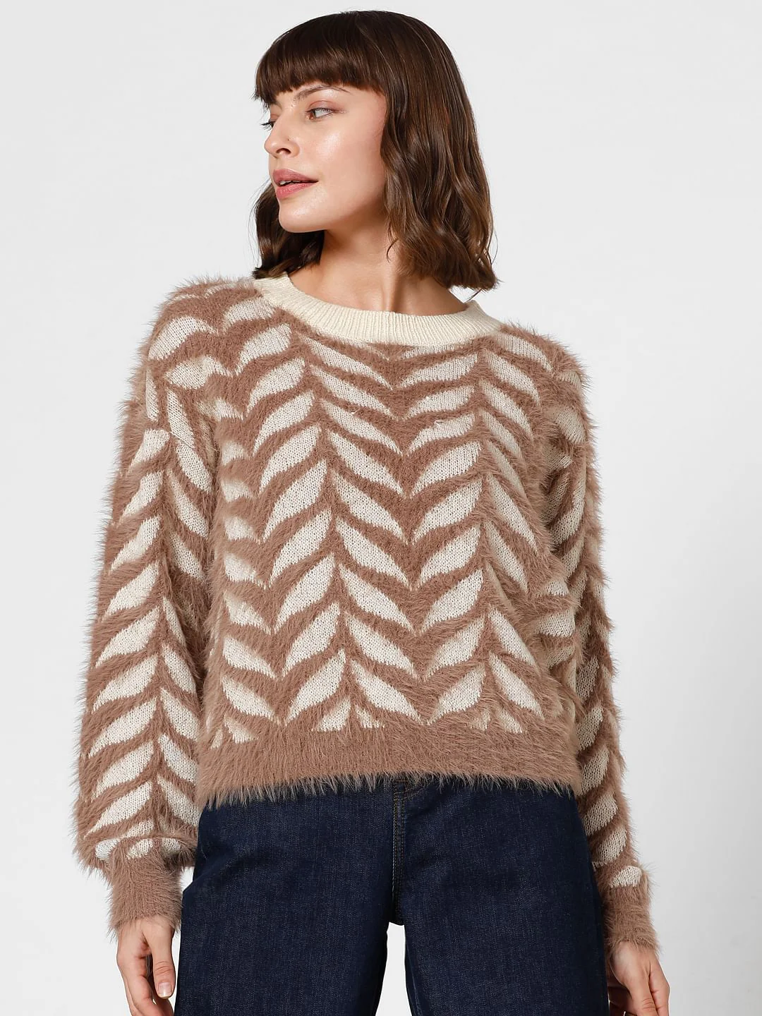 Brown Jacquard Fuzzy Pullover - Image 2