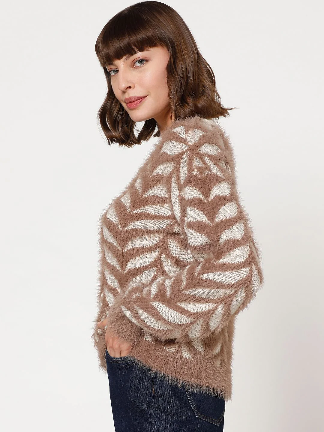 Brown Jacquard Fuzzy Pullover - Image 3