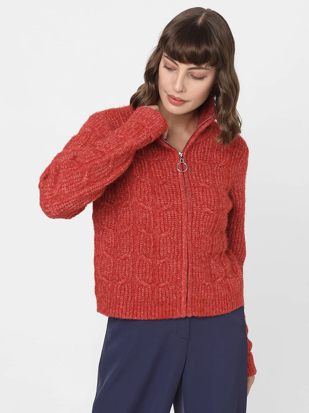 Red High Neck Zip Cardigan - Image 2
