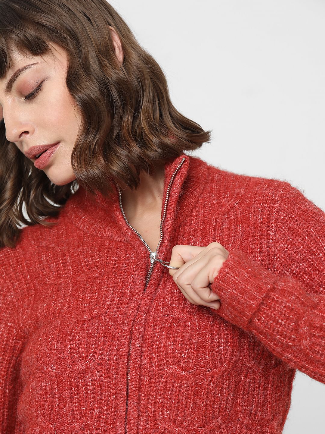 Red High Neck Zip Cardigan - Image 6