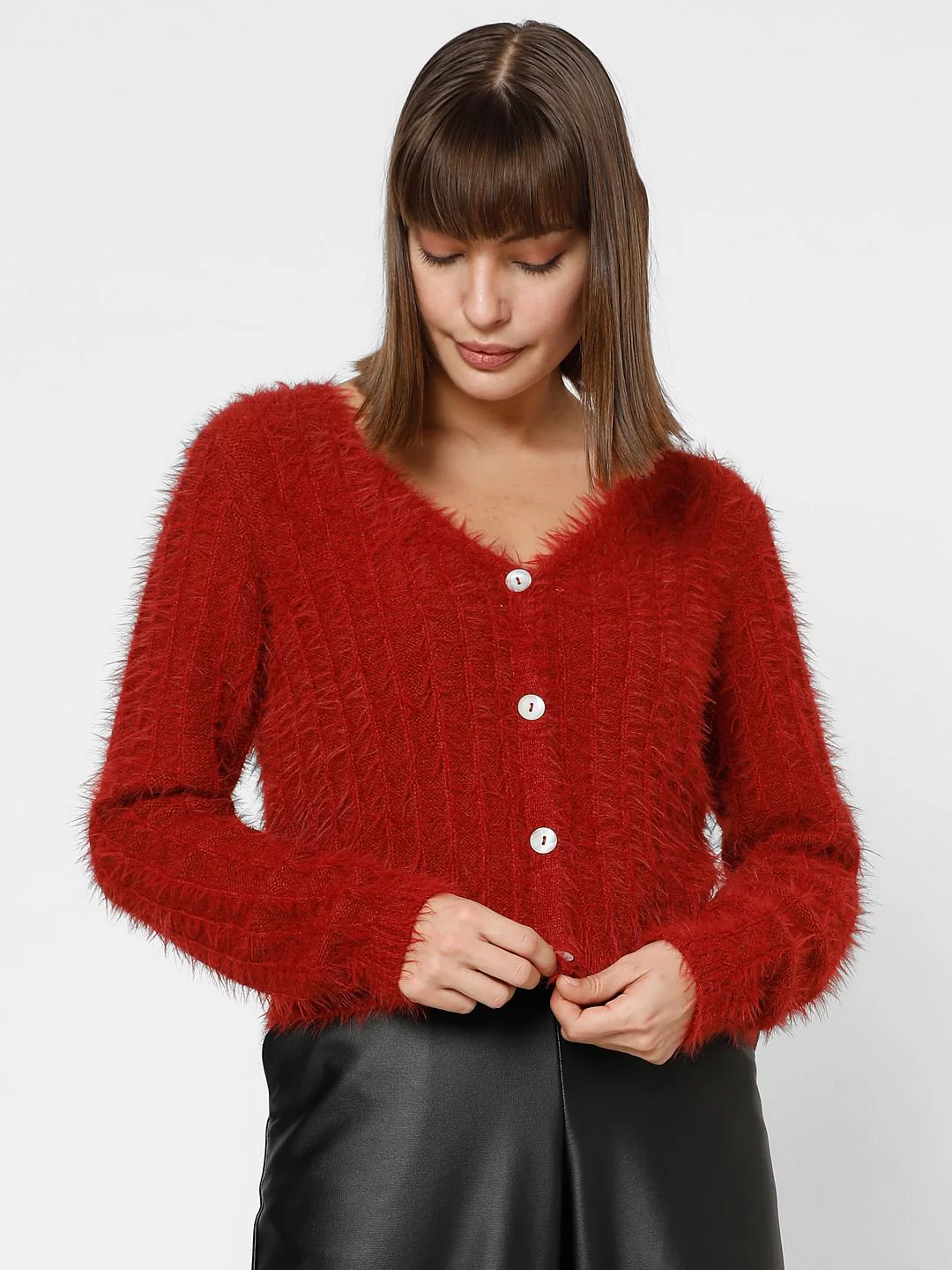 Red Fuzzy Detail Cardigan - Image 2