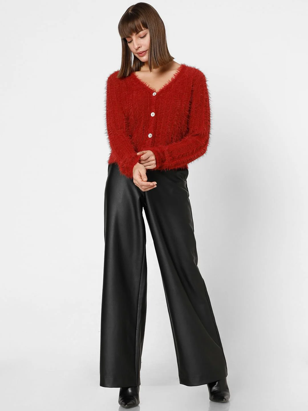 Red Fuzzy Detail Cardigan - Image 5