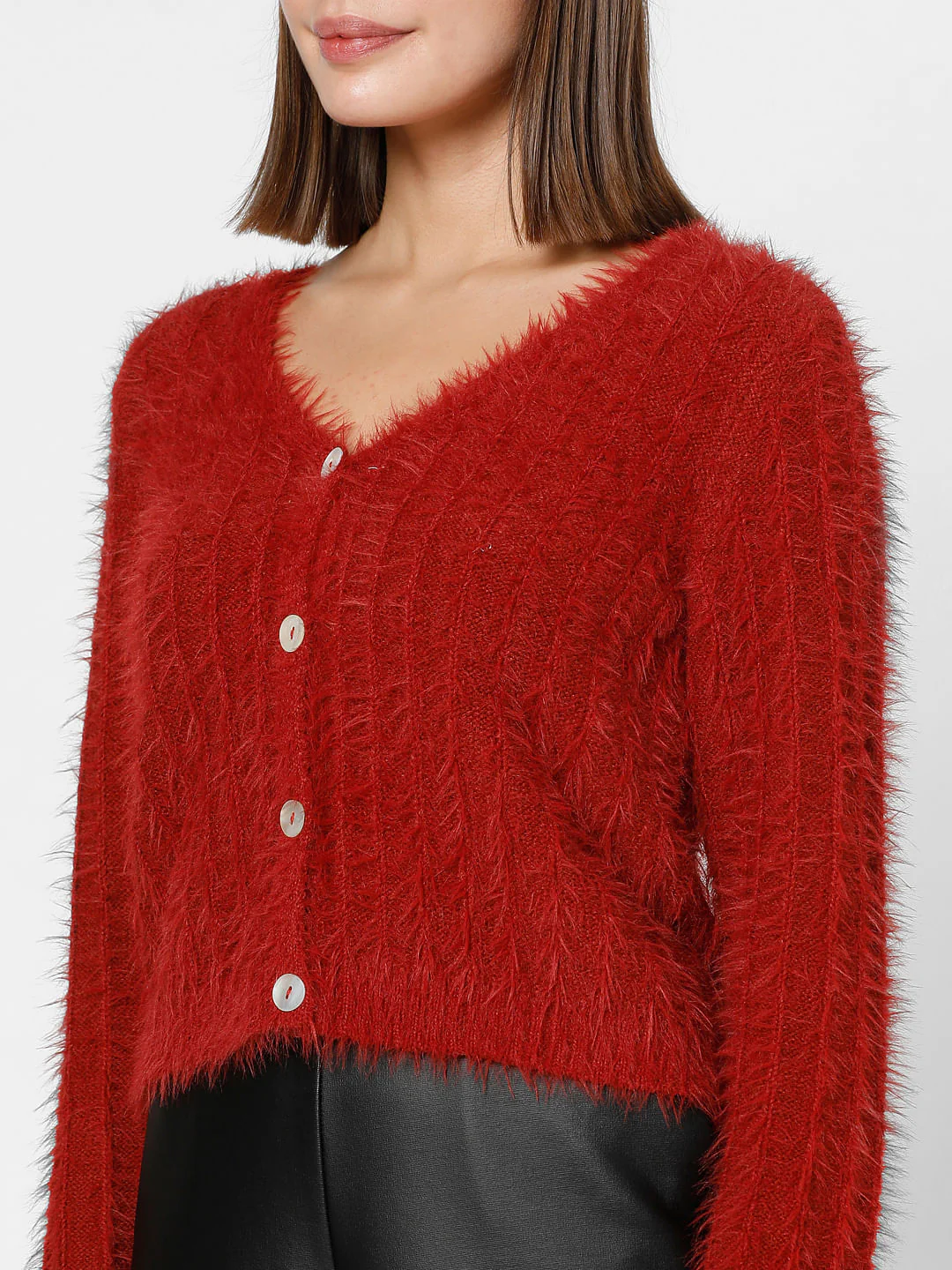 Red Fuzzy Detail Cardigan - Image 8