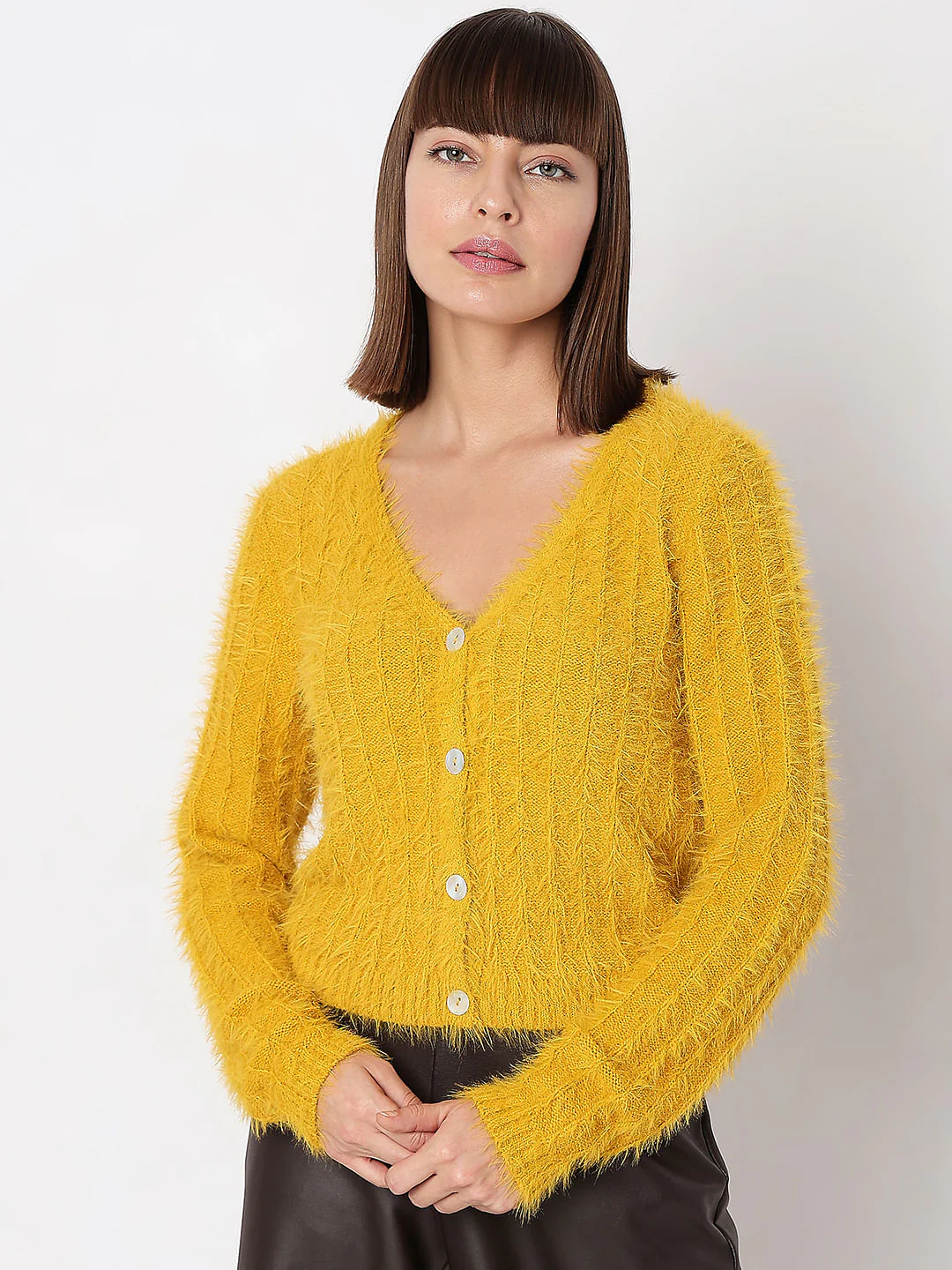 Yellow Fuzzy Detail Cardigan - Image 2