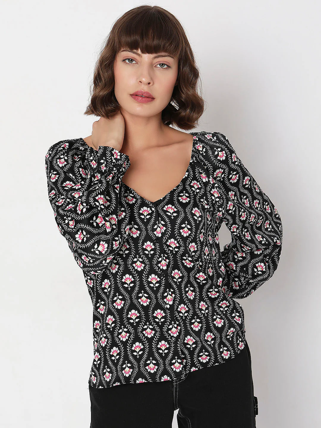 Black Floral Print Top - Image 2