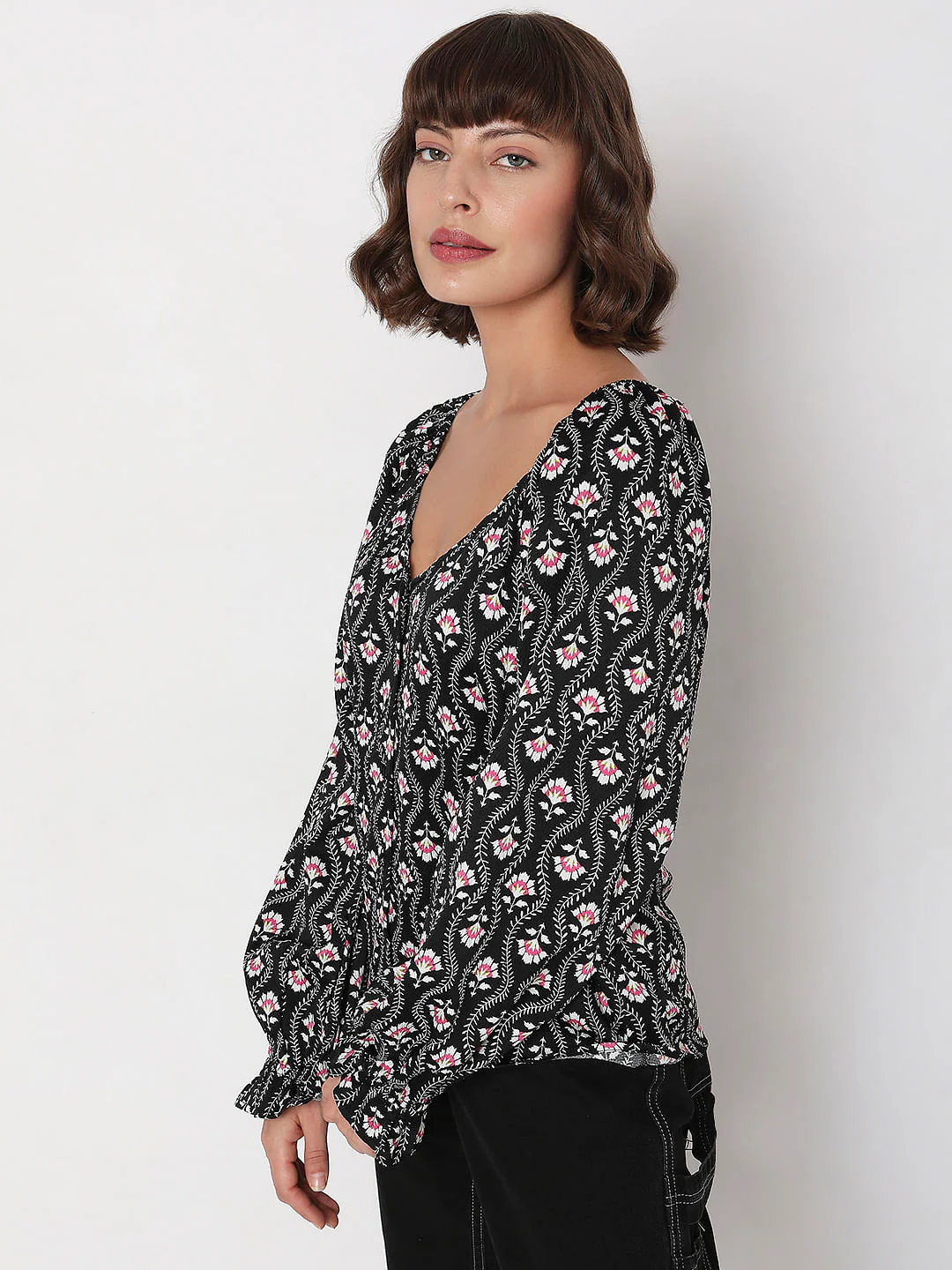 Black Floral Print Top - Image 3