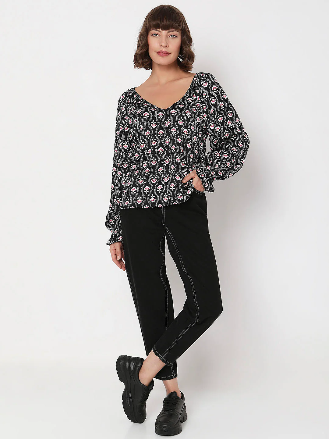 Black Floral Print Top - Image 5