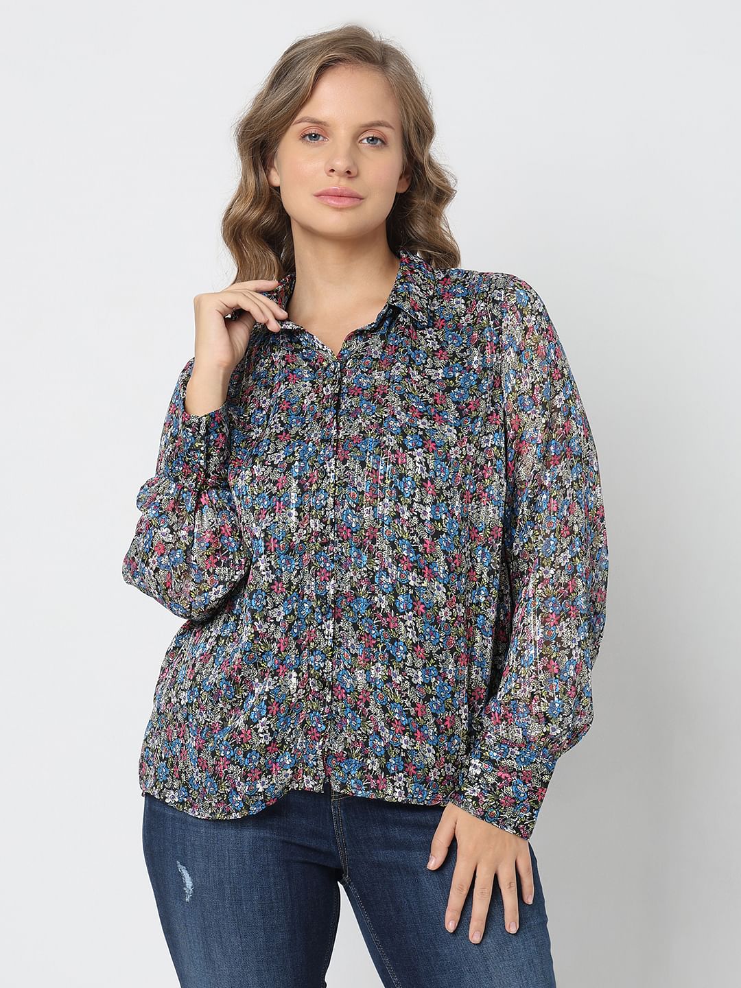 Curve Blue Floral Printed Shirt - Image 2