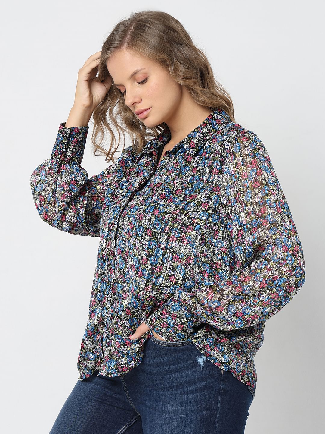 Curve Blue Floral Printed Shirt - Image 3