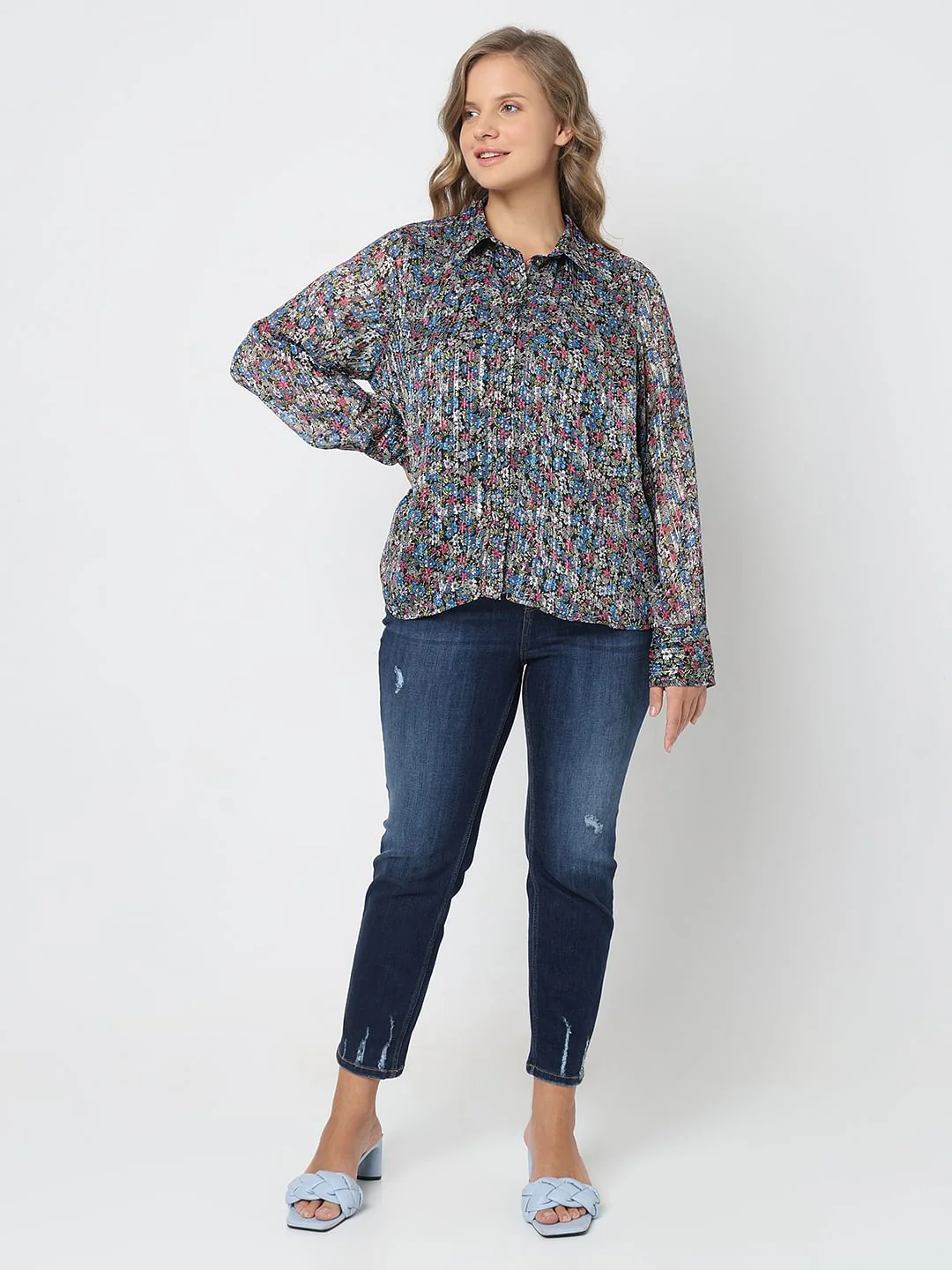 Curve Blue Floral Printed Shirt - Image 5