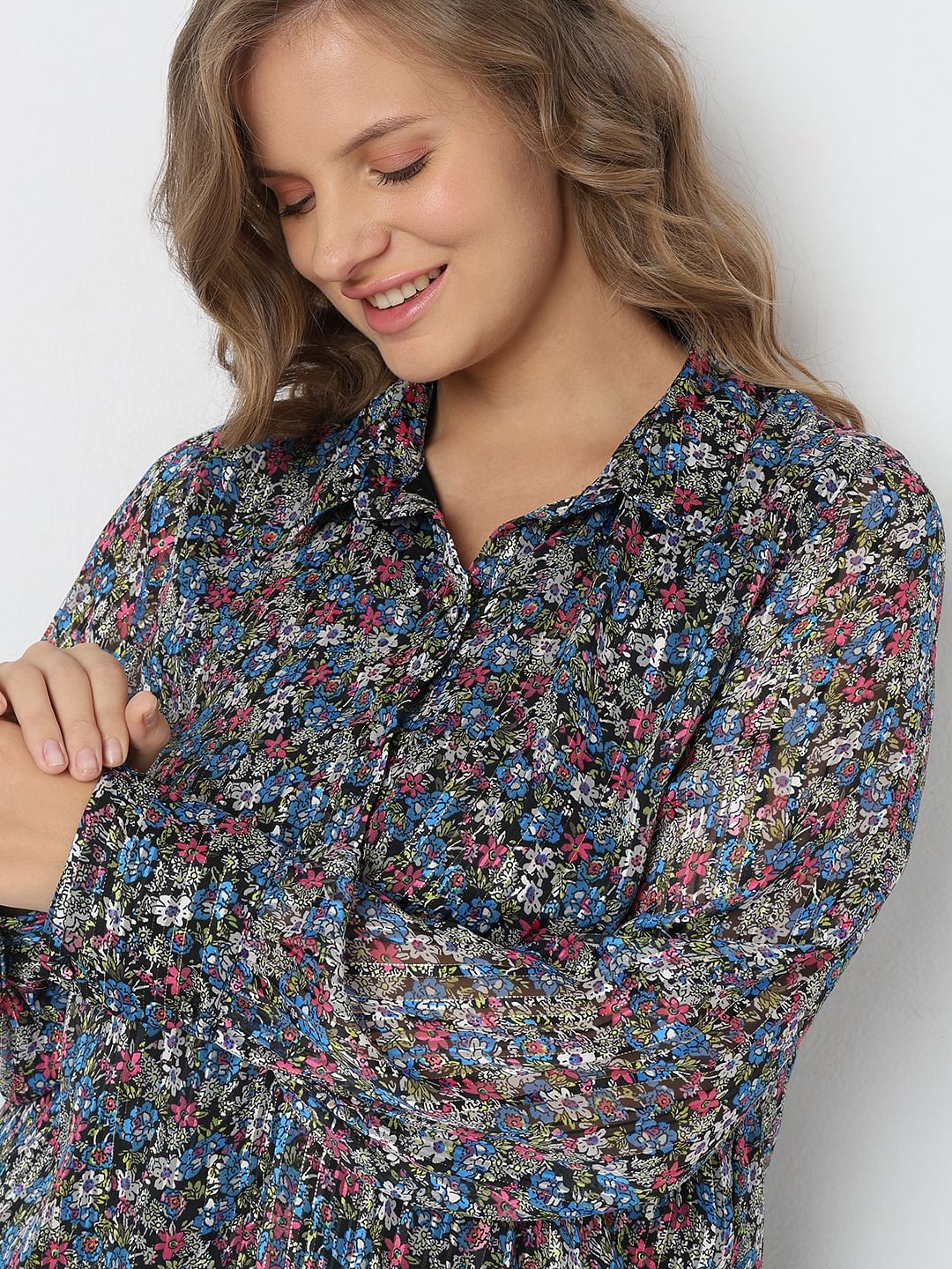Curve Blue Floral Printed Shirt - Image 6