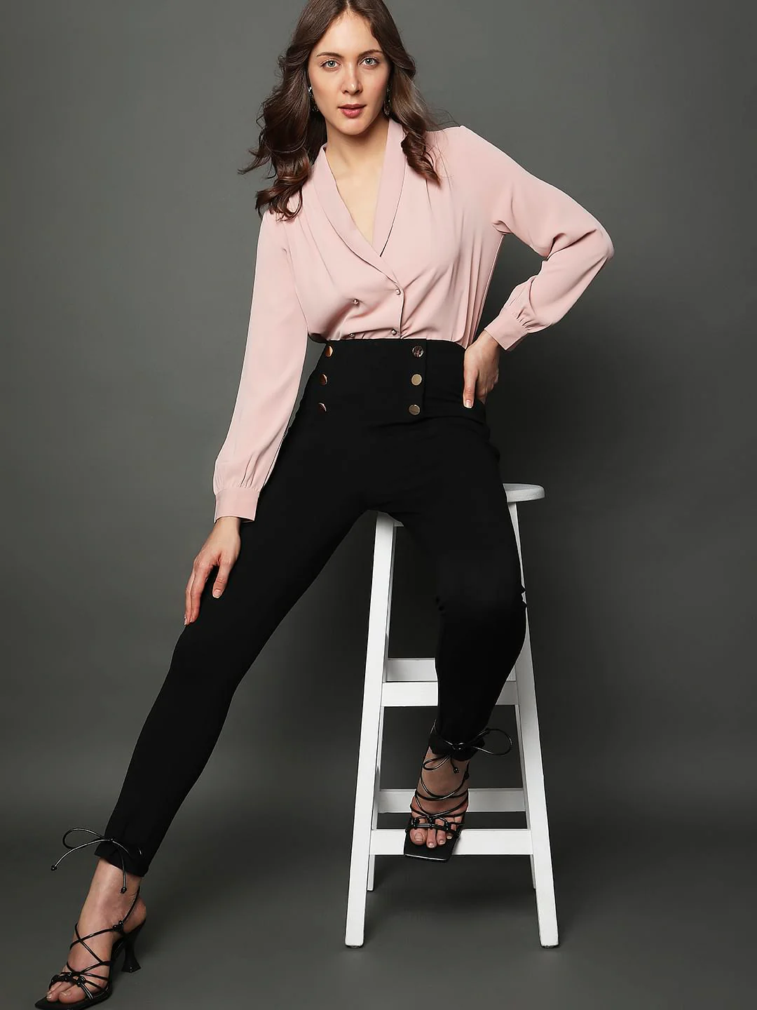 Black High Rise Button Detail Leggings - Image 2