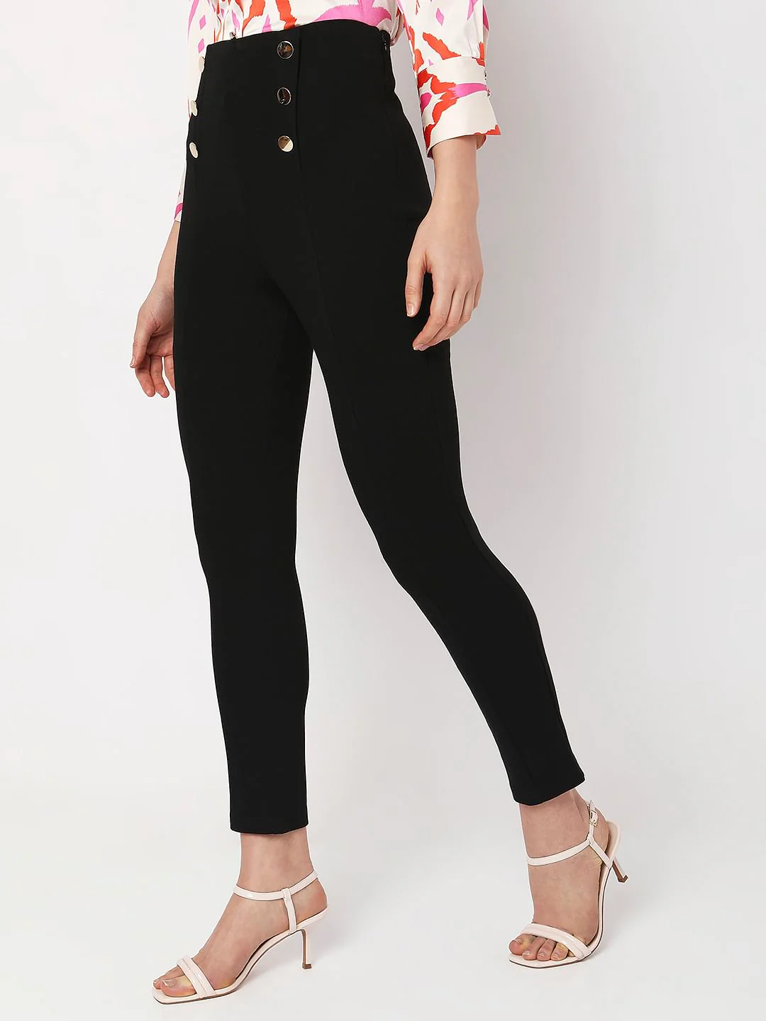 Black High Rise Button Detail Leggings - Image 3