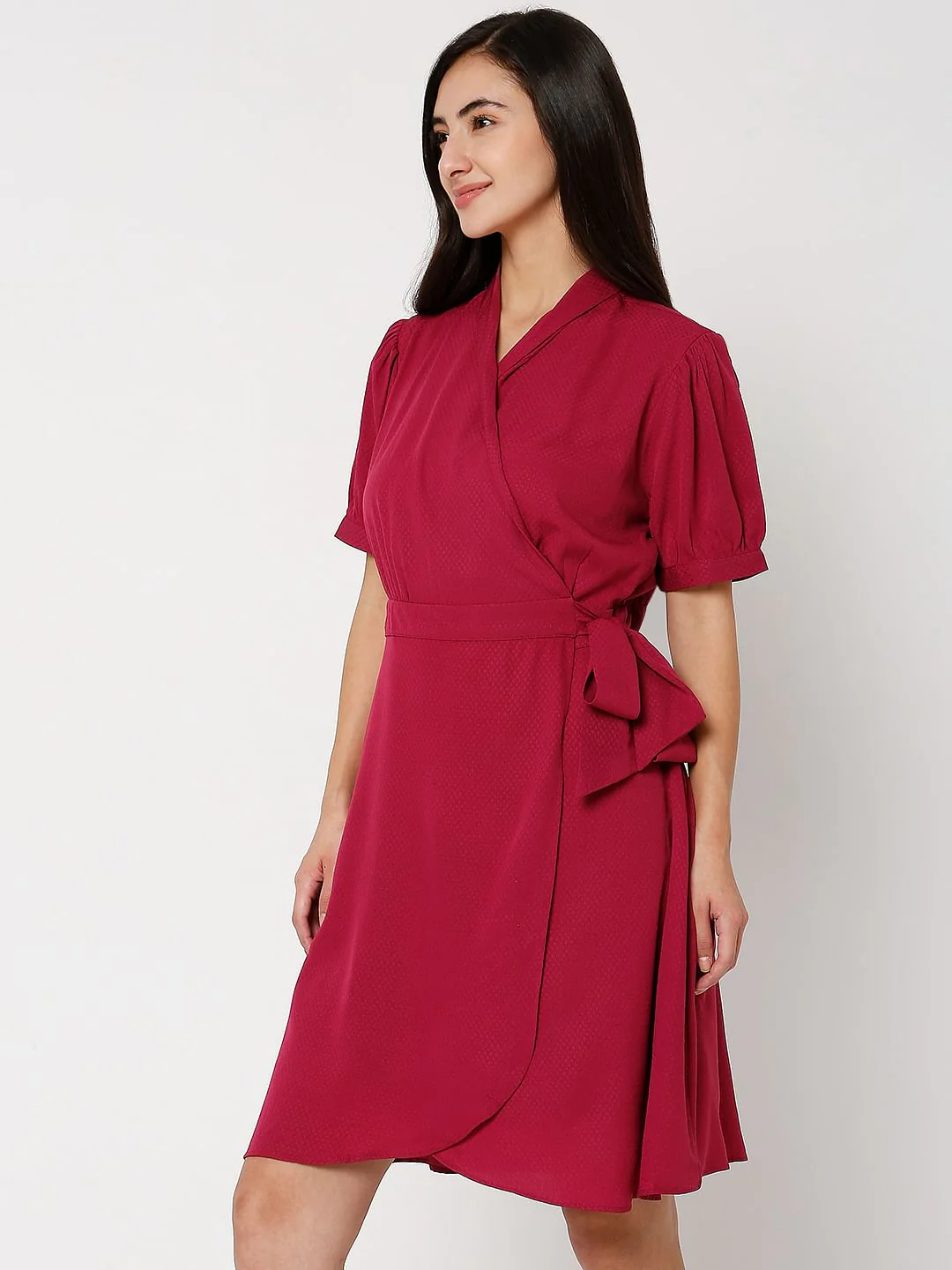 Dark Red V-Neck Wrap Dress - Image 2
