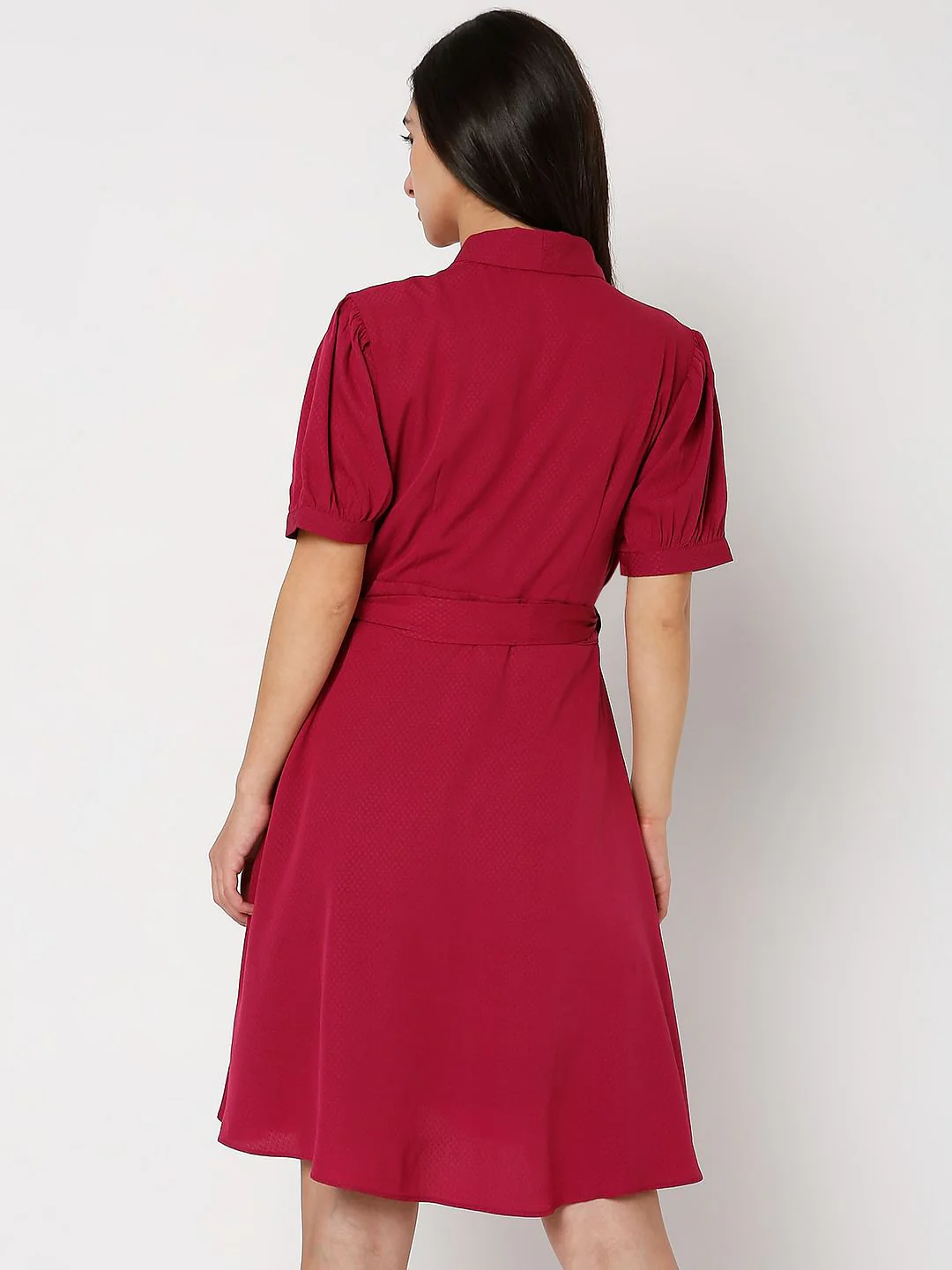 Dark Red V-Neck Wrap Dress - Image 3