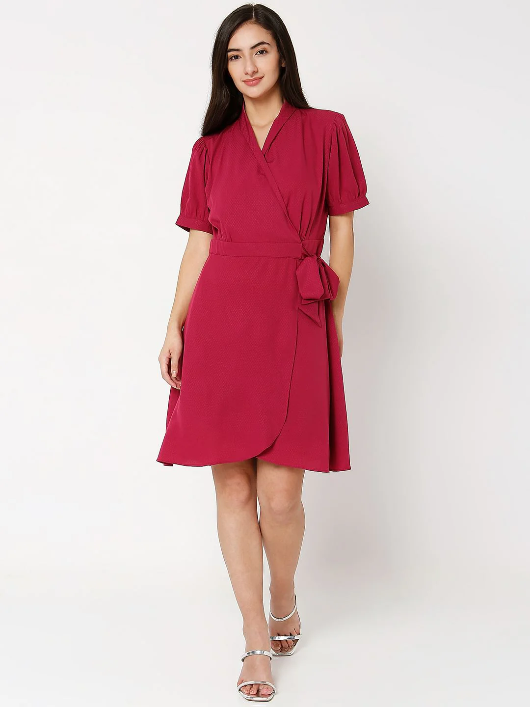Dark Red V-Neck Wrap Dress - Image 4