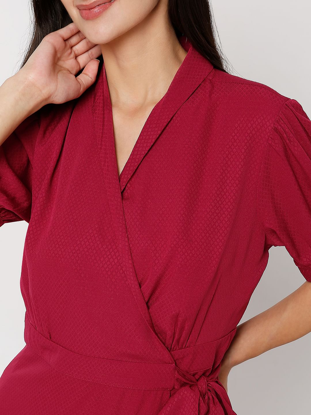 Dark Red V-Neck Wrap Dress - Image 5