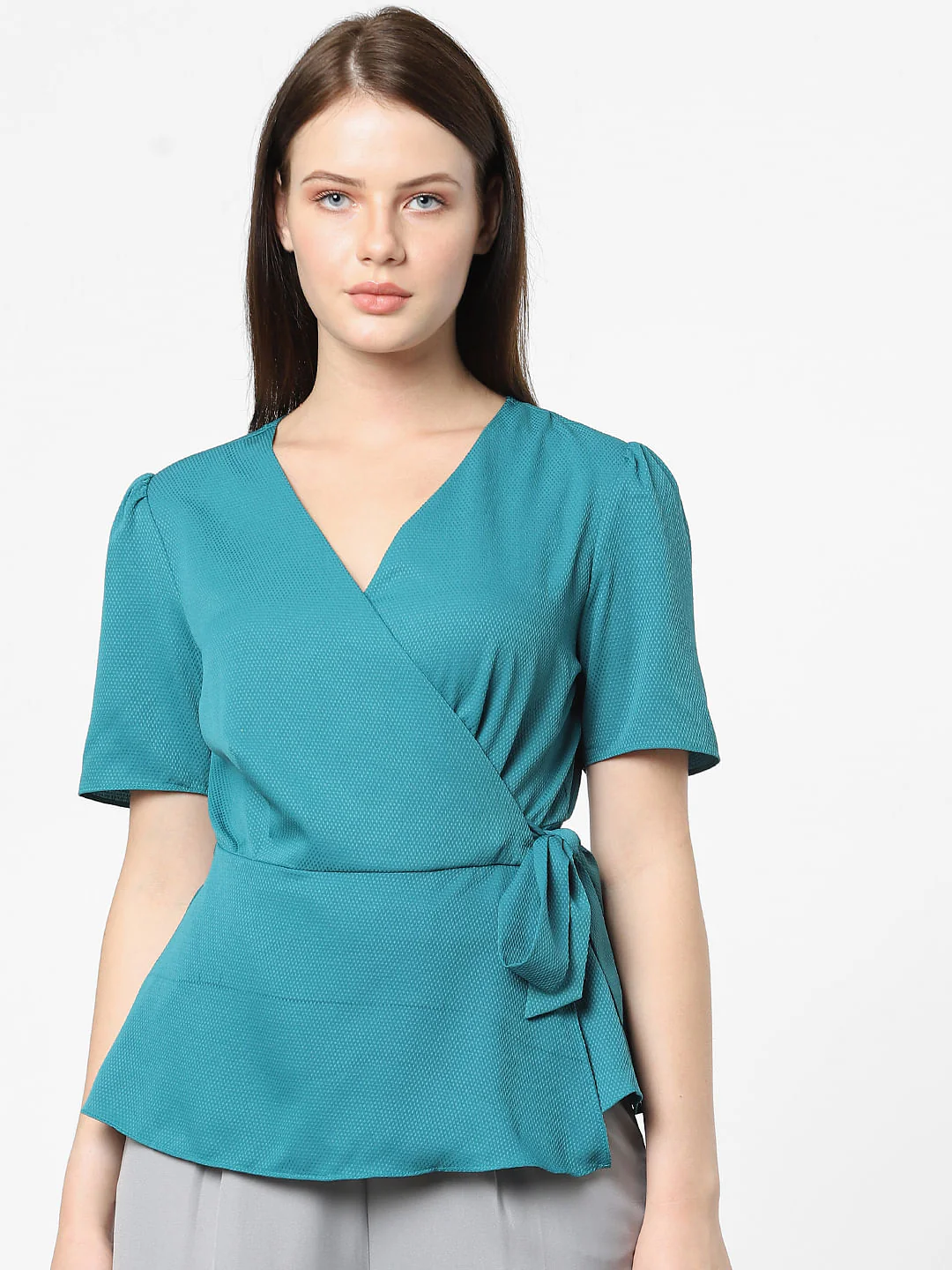 Blue Mock Wrap Top