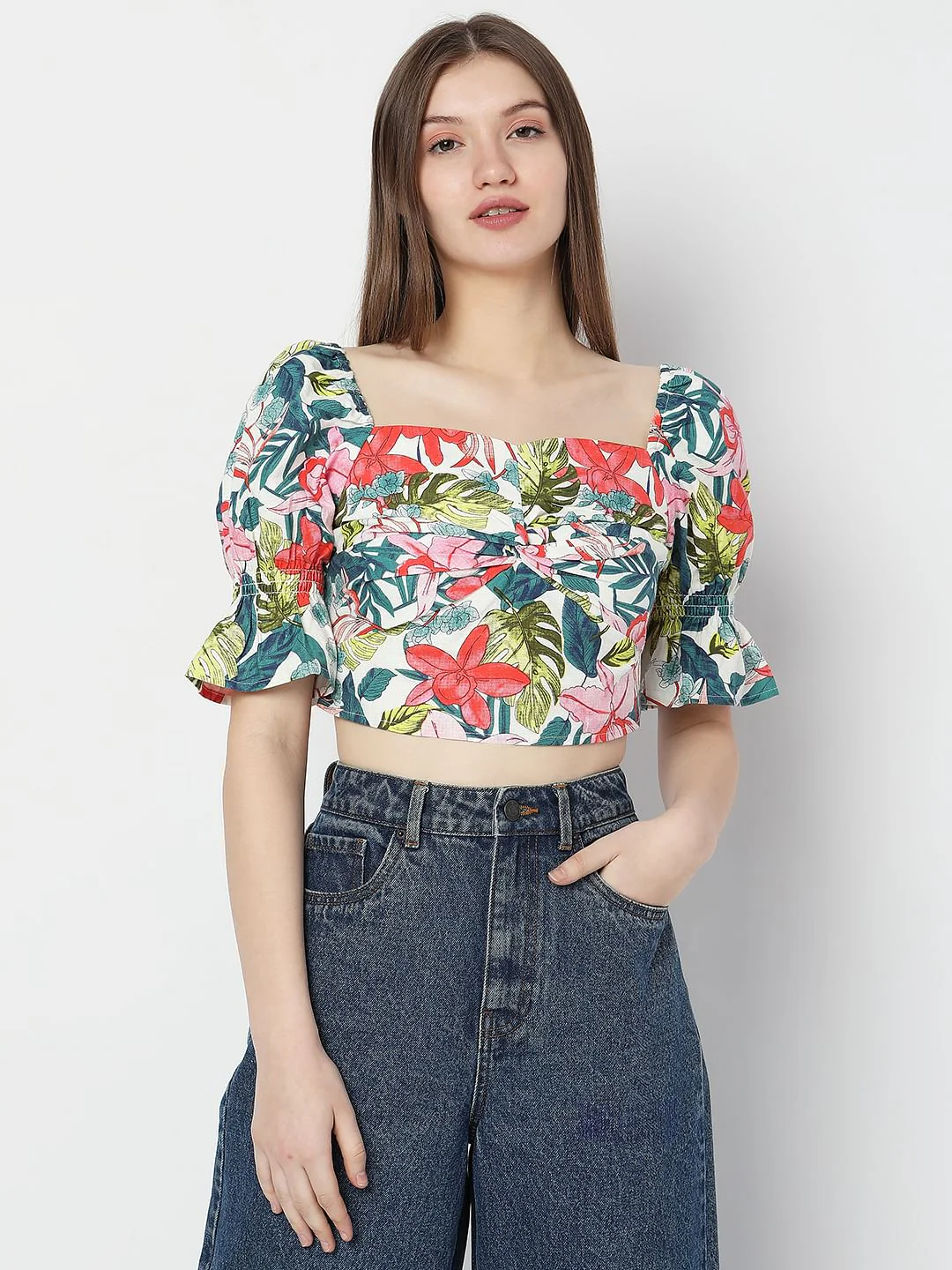White Floral Print Crop Top - Image 2