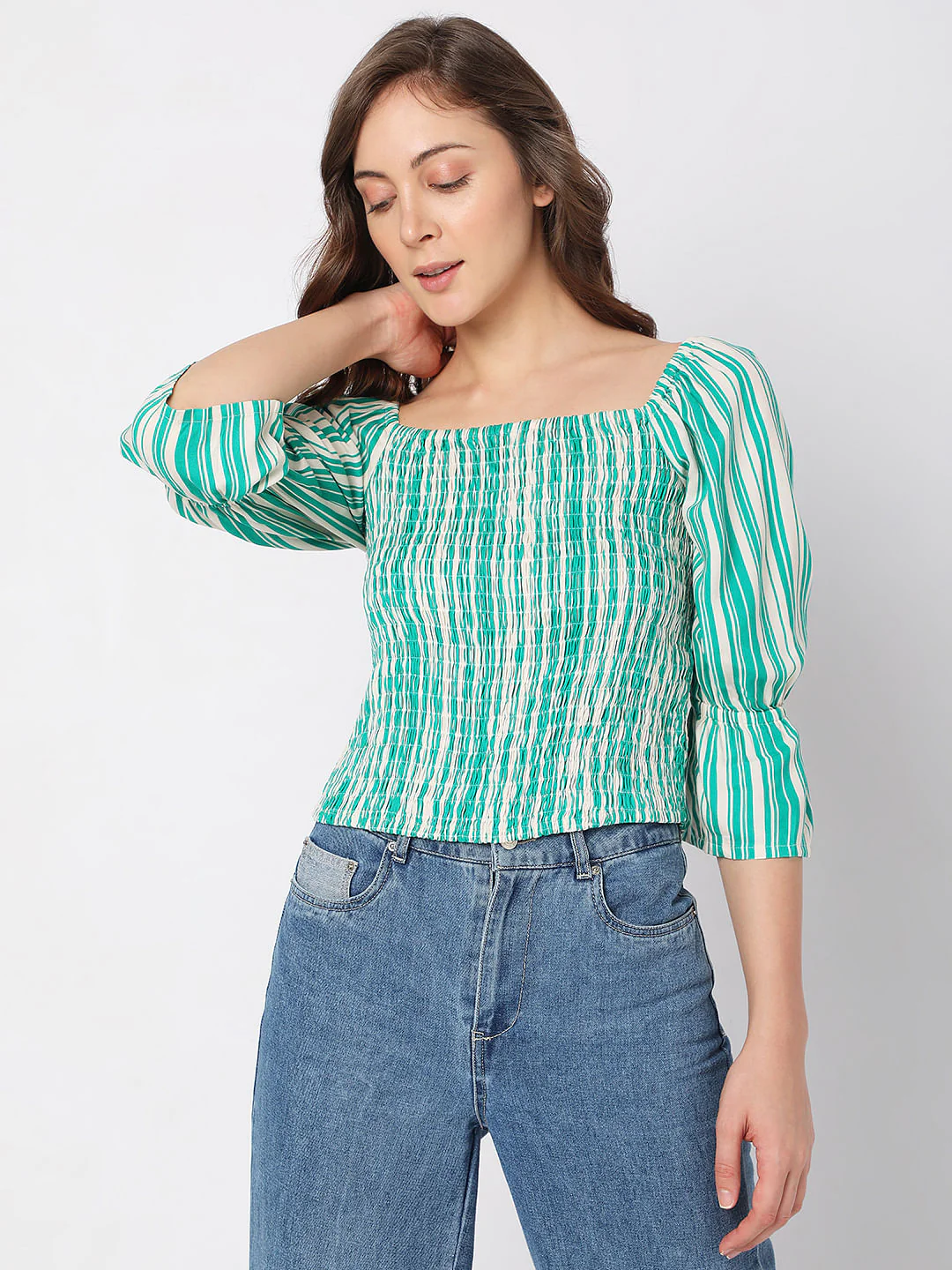 Green Striped Smocked Top - Image 2