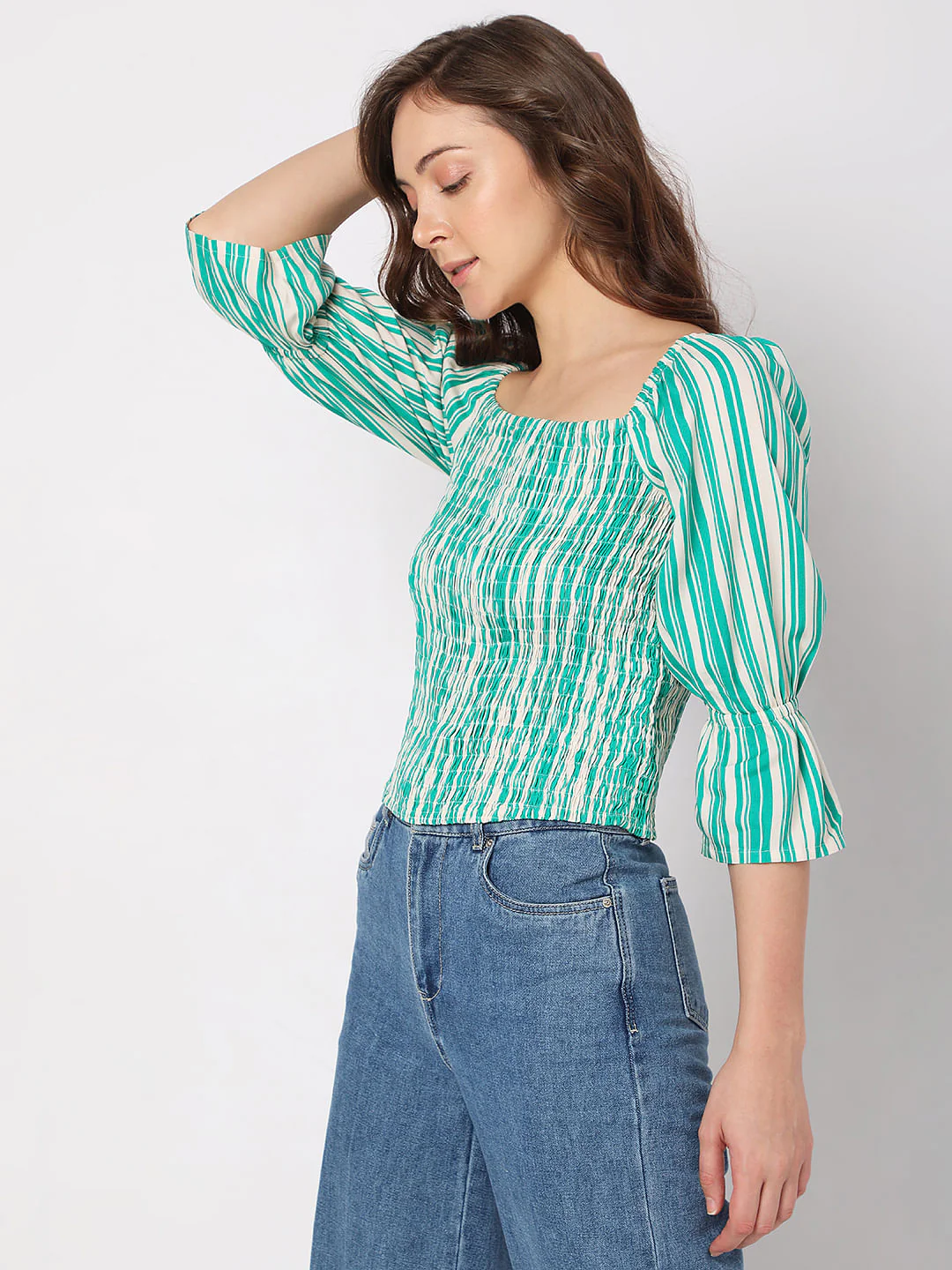 Green Striped Smocked Top - Image 3