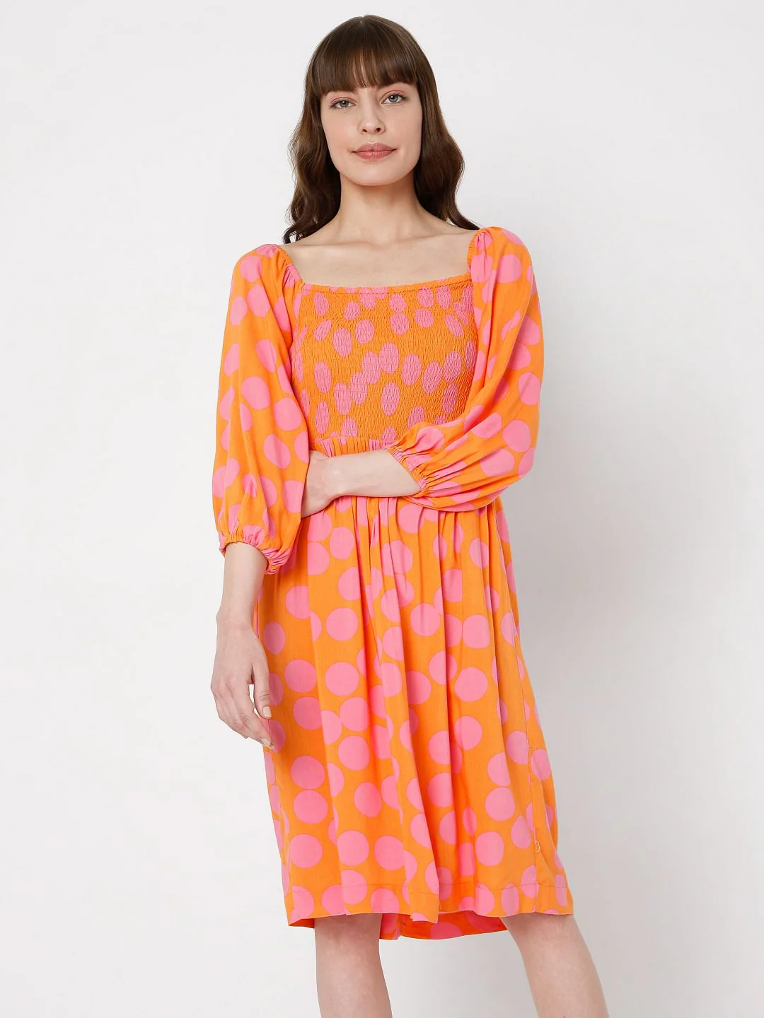 Orange Polka Dot Fit & Flare Dress - Image 2