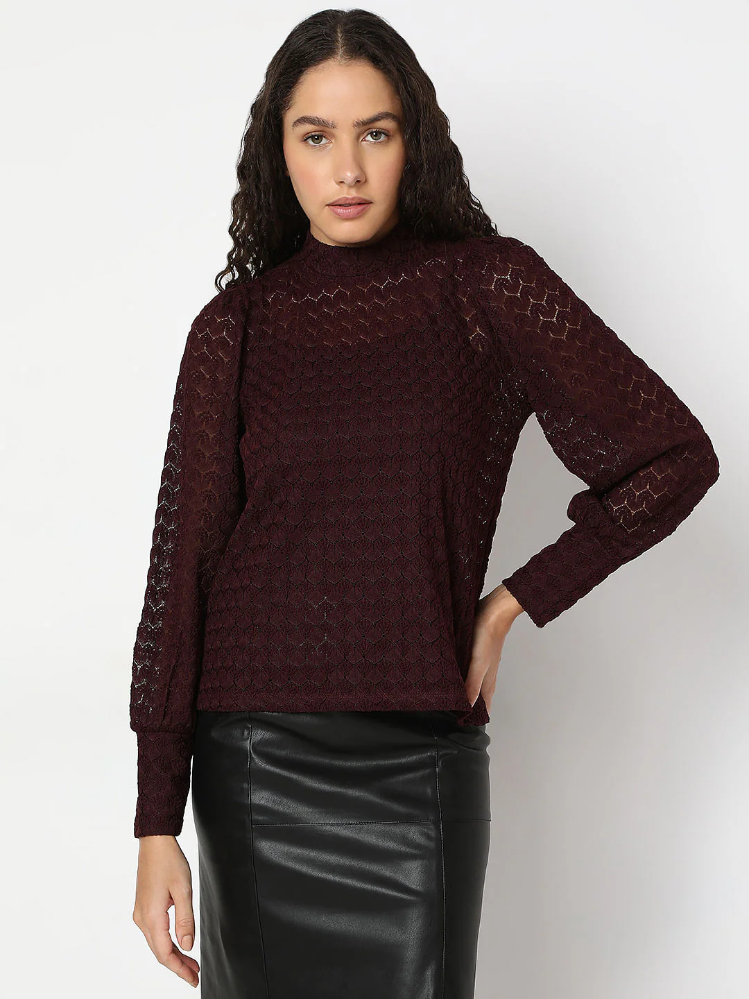 Maroon Lace High Neck Top - Image 2