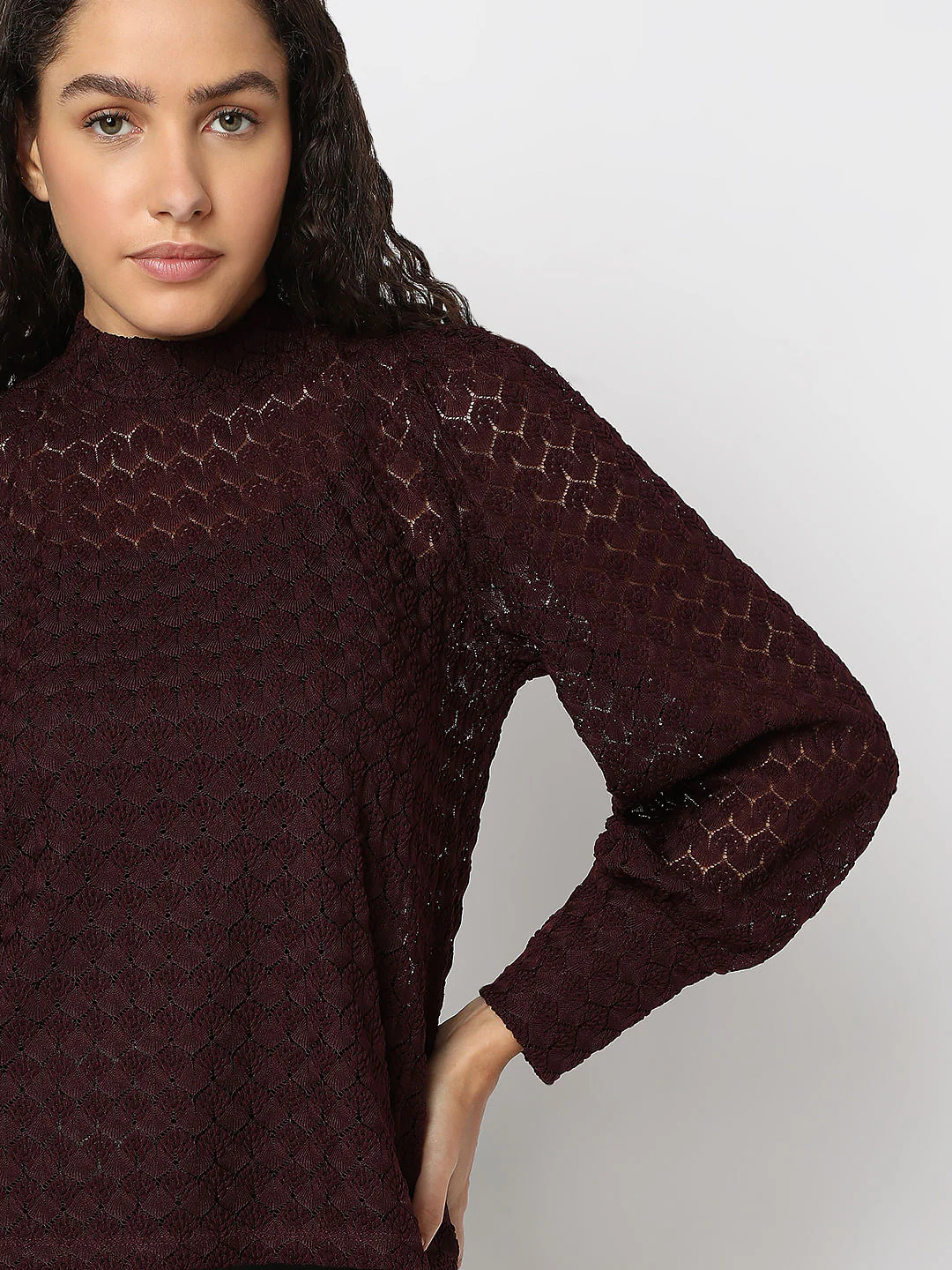 Maroon Lace High Neck Top - Image 6