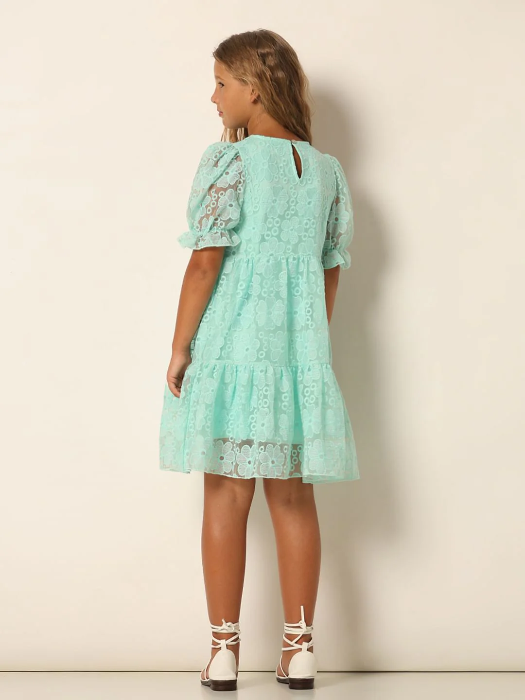 Girls Blue Embroidered Fit & Flare Dress - Image 3