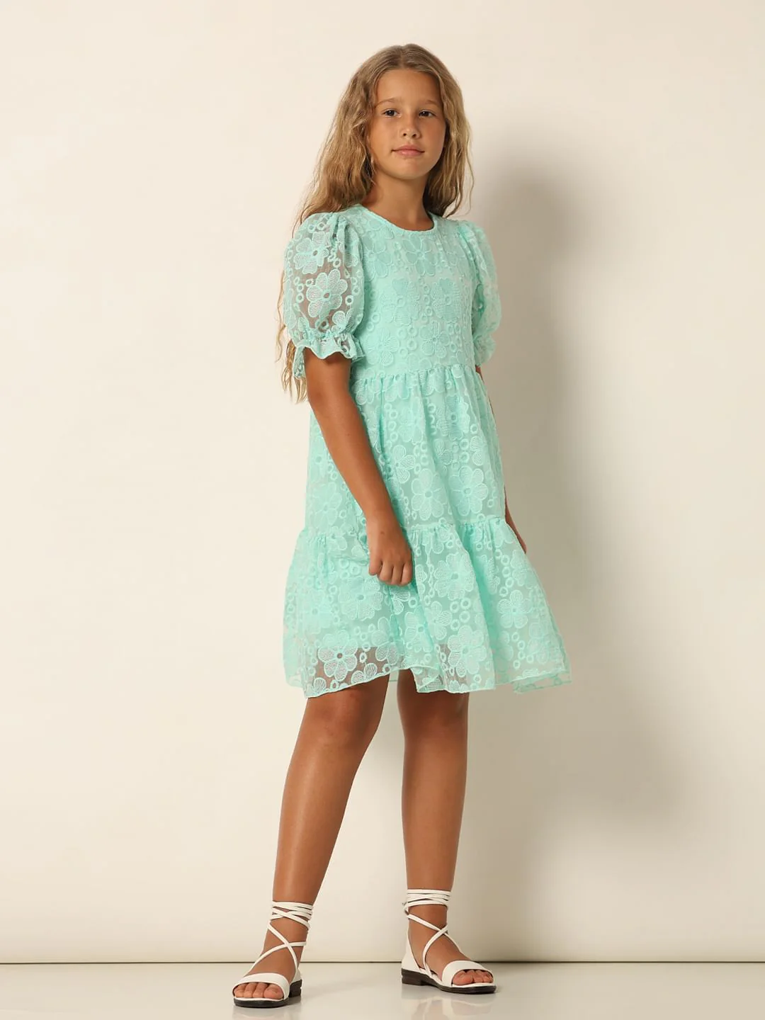 Girls Blue Embroidered Fit & Flare Dress - Image 5